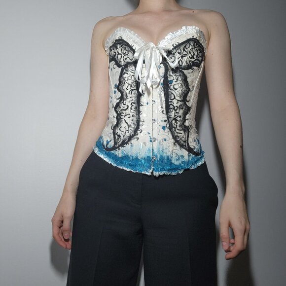 Butterfly on white romantic lace-up boned overbust sweetheart  corset bustier - Picture 3 of 7